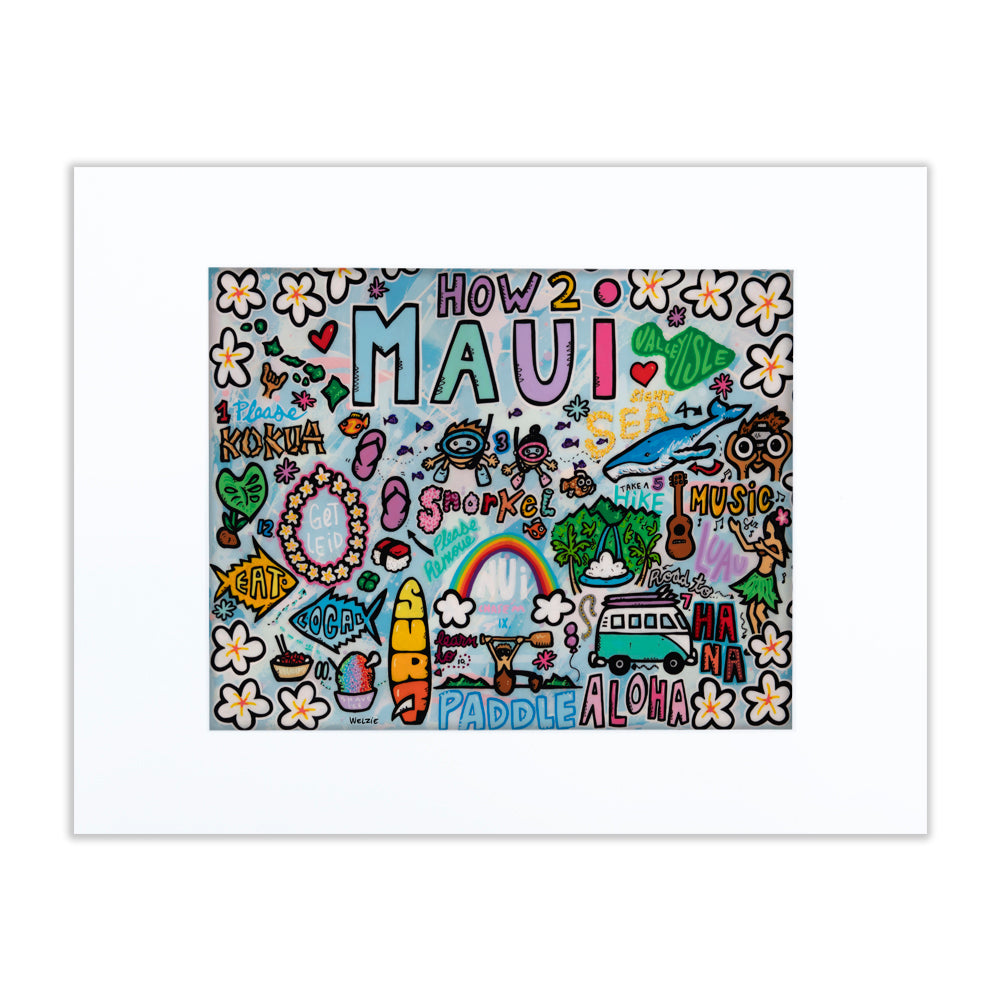 Colorful doodle-style collage of Maui icons and lettering — matted fine art print by Maui artist Welzie