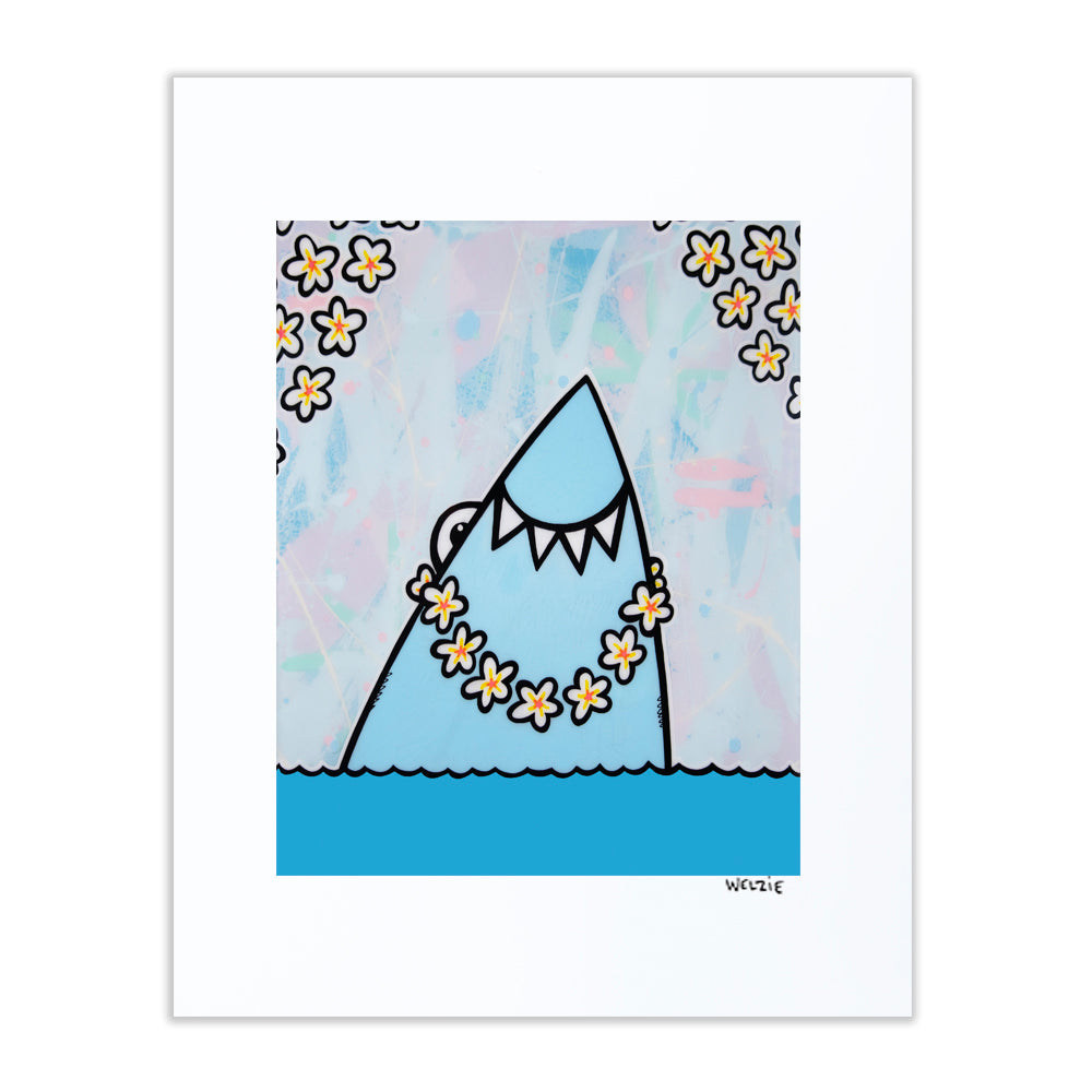 Shark silhouette wearing a white flower lei — matted fine art print by Maui artist Welzie