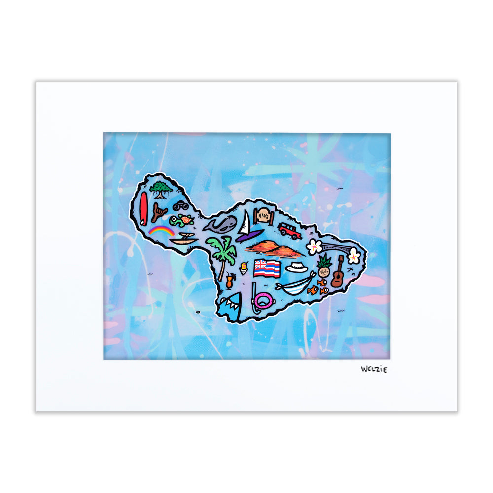Colorful illustrated map of Maui filled with playful travel icons — matted fine art print by Maui artist Welzie
