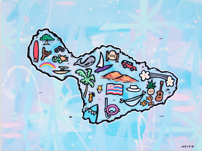 Colorful illustrated map of Maui filled with playful travel icons — aluminum reproduction by Maui artist Welzie