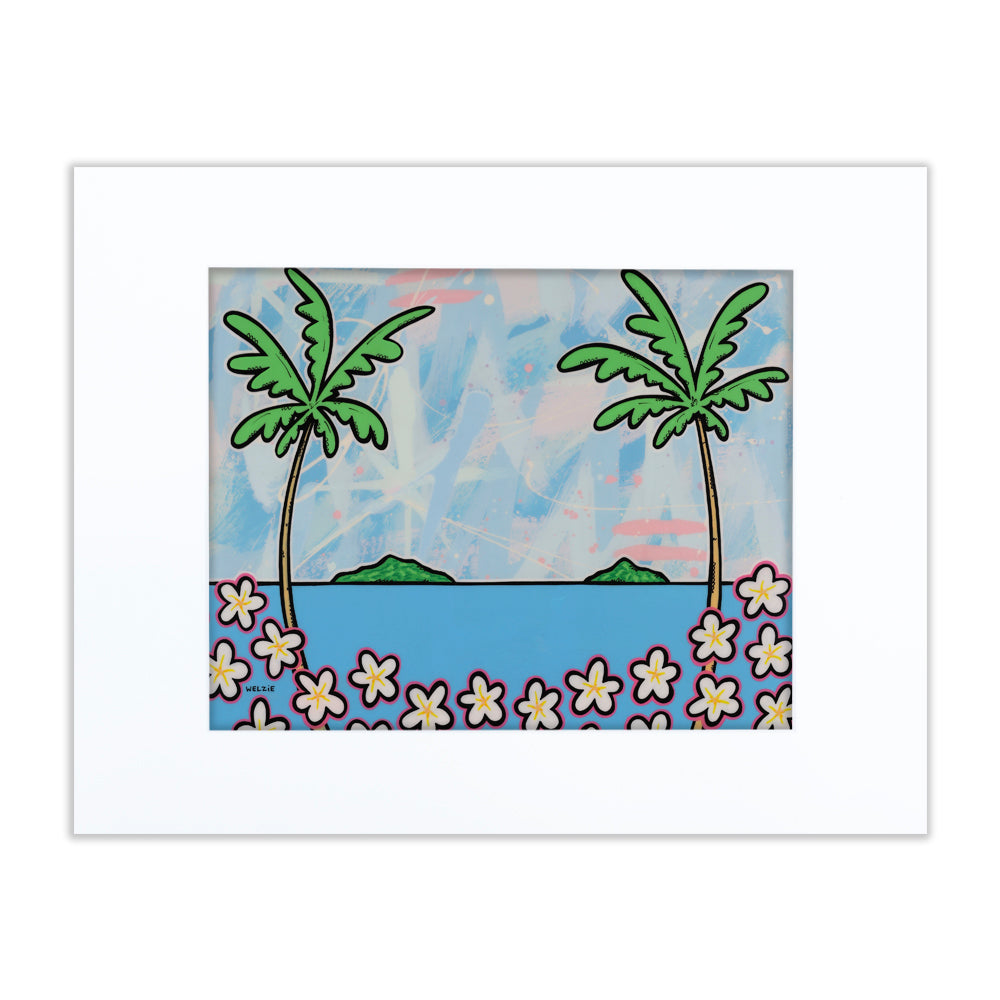 Two palm trees framing an ocean view, bordered by plumeria flowers — matted fine art print by Maui artist Welzie