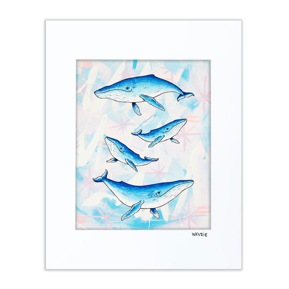 A group of whales swimming together in a vertical arrangement — matted fine art print by Maui artist Welzie