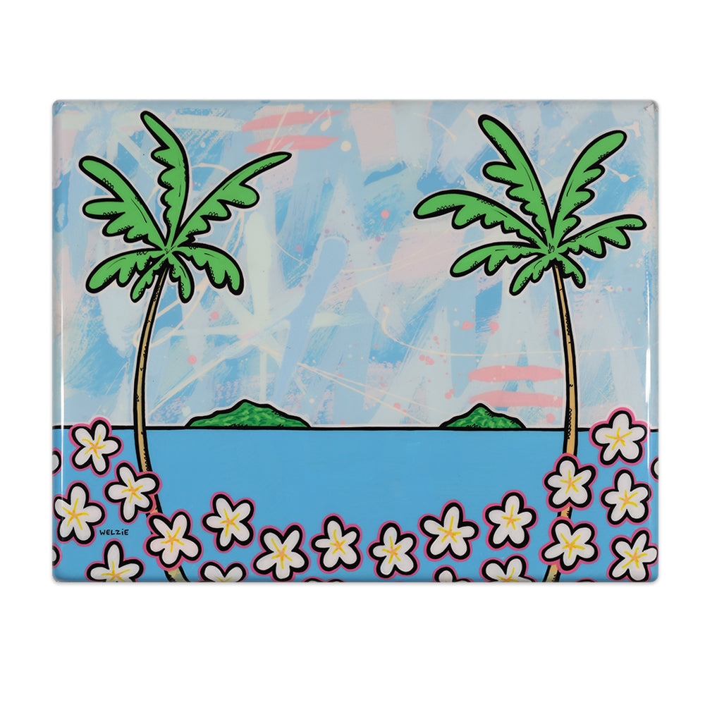 Two palm trees framing an ocean view, bordered by plumeria flowers — original artwork by Maui artist Welzie