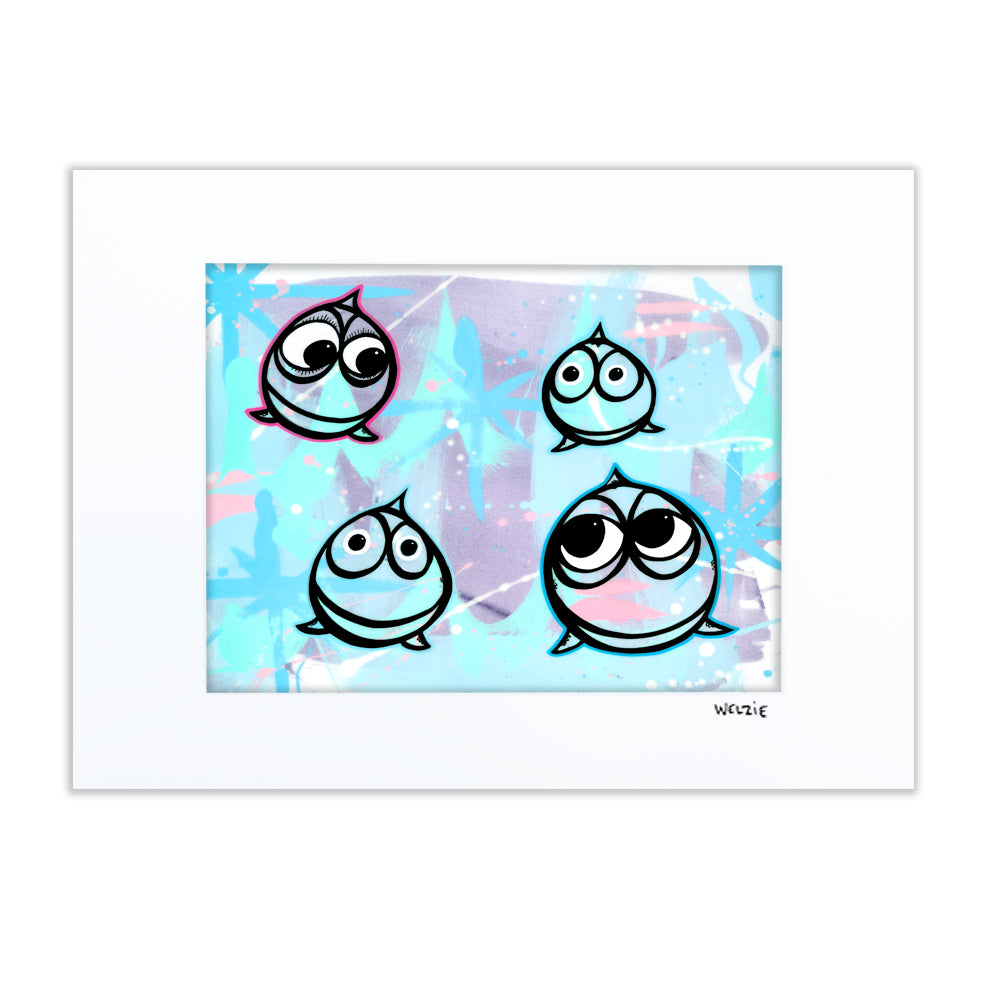 Four small round character faces against a soft pastel background — matted fine art print by Maui artist Welzie
