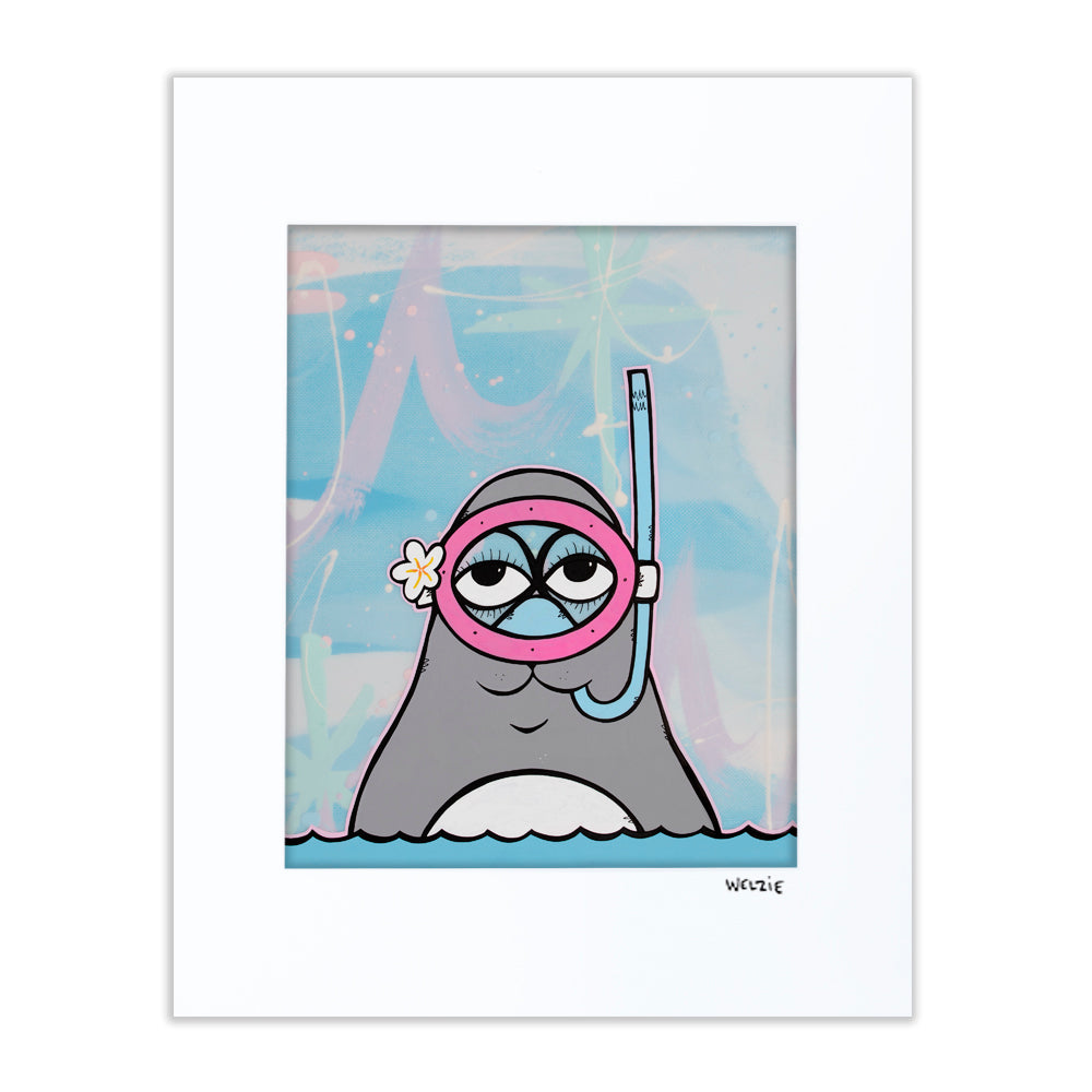 Gray seal character wearing a pink snorkel mask and flower — matted fine art print by Maui artist Welzie