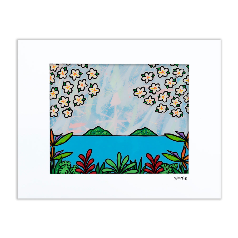 Island coastline landscape with tropical flowers and palm trees — matted fine art print by Maui artist Welzie