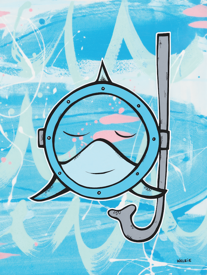 Single cartoon fish wearing a diving mask — aluminum reproduction by Maui artist Welzie
