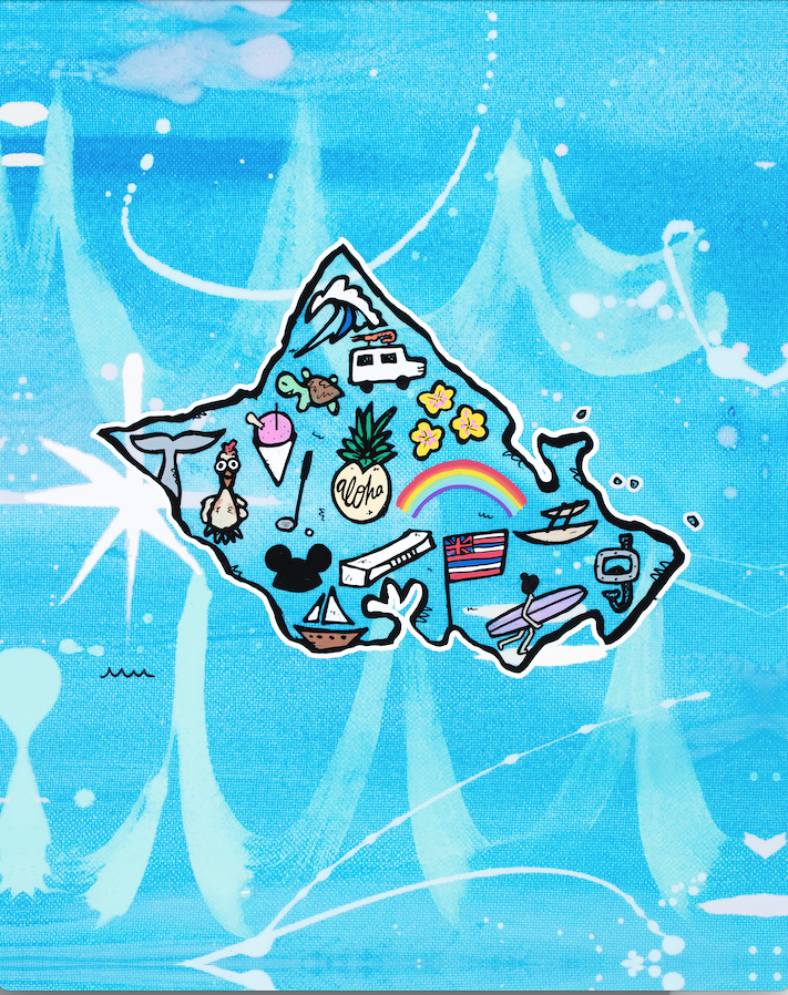 Colorful illustrated map of Oahu filled with playful island icons — aluminum reproduction by Maui artist Welzie