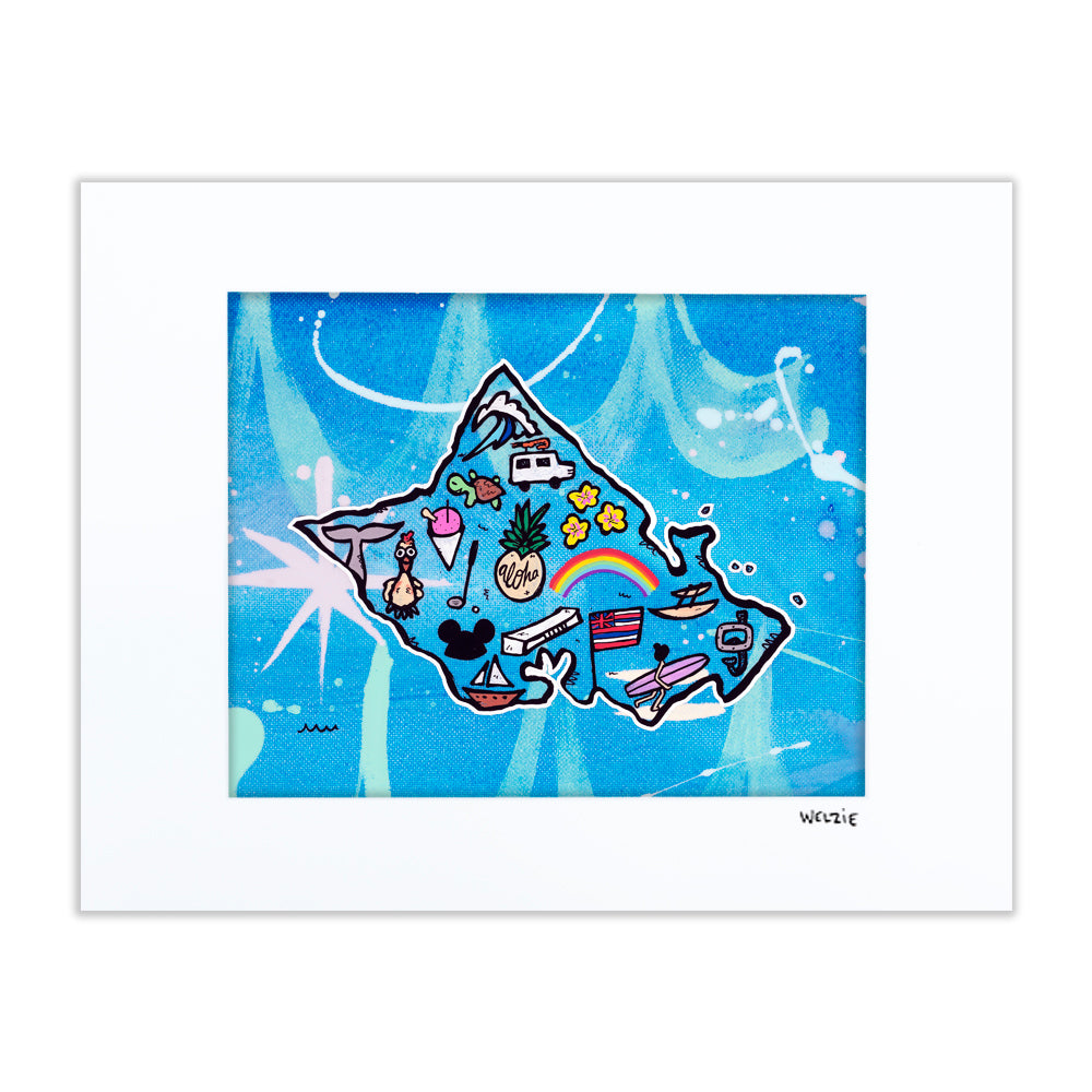 Colorful illustrated map of Oahu filled with playful island icons — matted fine art print by Maui artist Welzie