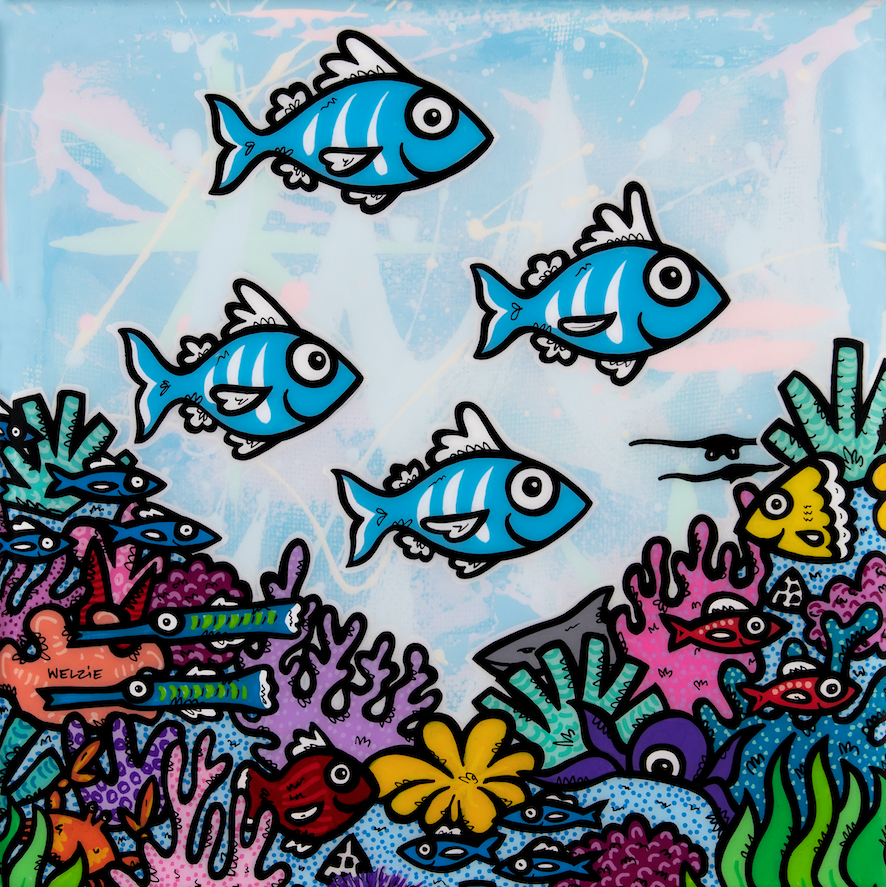 A family group exploring a colorful coral reef scene — aluminum reproduction by Maui artist Welzie