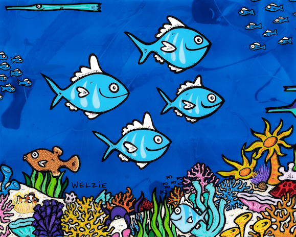 A family of fish characters swimming over a coral reef — aluminum reproduction by Maui artist Welzie
