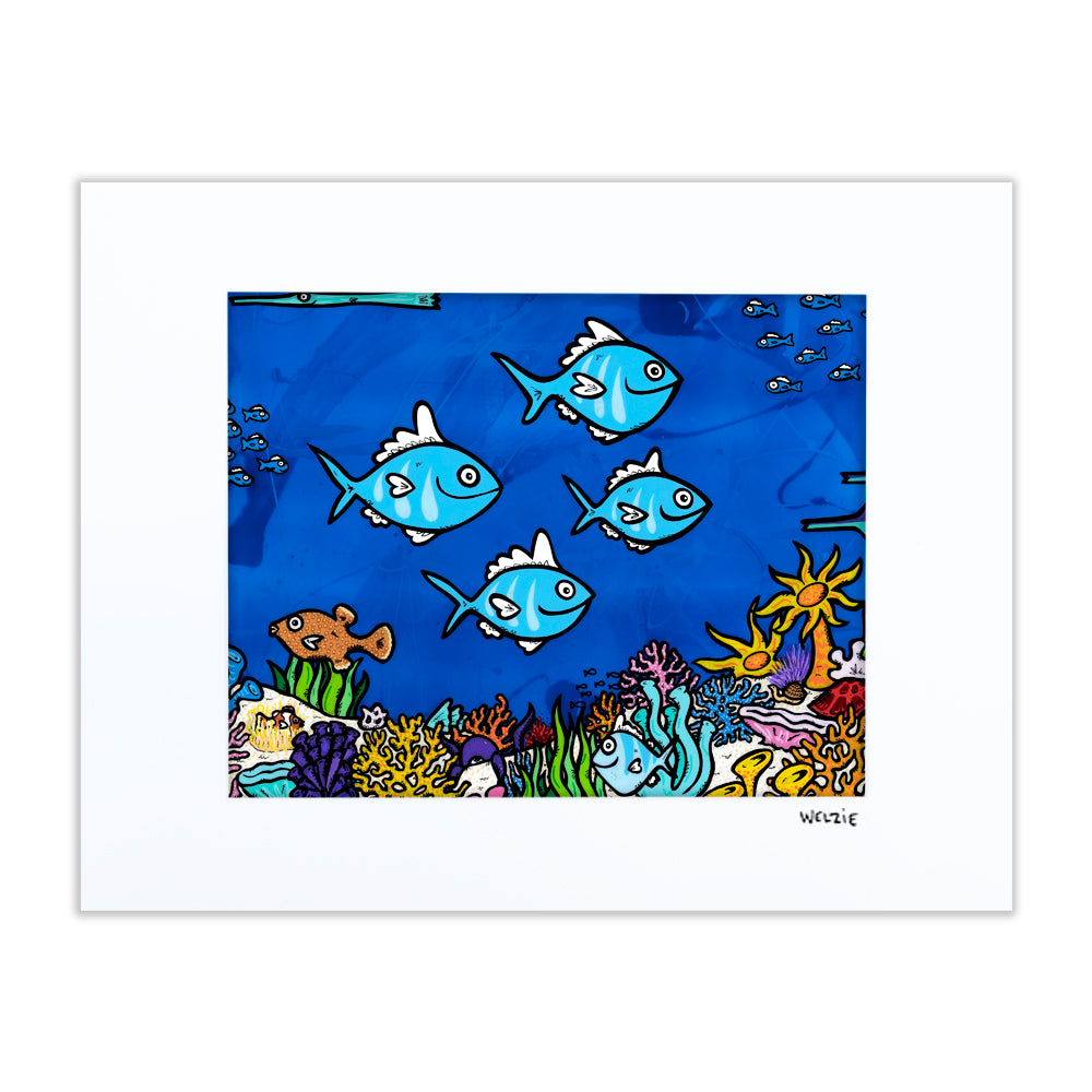 A family of fish characters swimming over a coral reef — matted fine art print by Maui artist Welzie