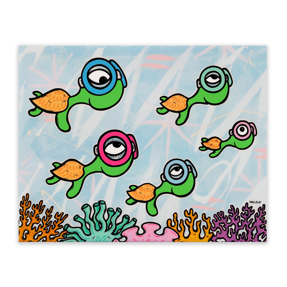 A colorful cartoon art print featuring five green sea turtles wearing goggles swimming above stylized coral reefs on a light blue background. The artwork is presented as a square canvas mockup with a subtle drop shadow on a white background.