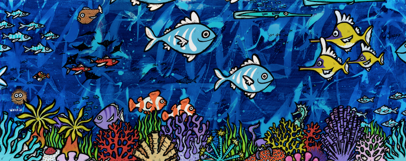 A colorful storybook-style coral reef scene filled with sea life — aluminum reproduction by Maui artist Welzie