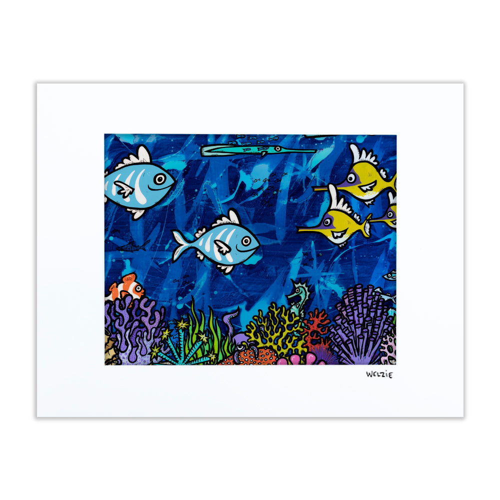A colorful storybook-style coral reef scene filled with sea life — matted fine art print by Maui artist Welzie