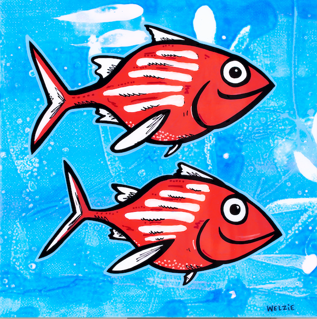 Two brightly colored fish swimming side by side — aluminum reproduction by Maui artist Welzie