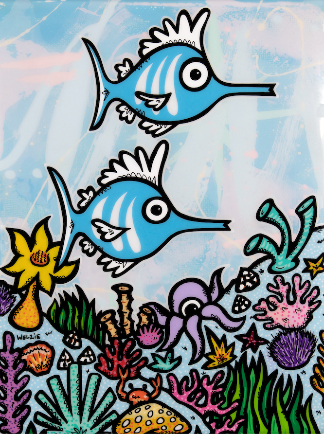 Two trumpetfish and an octopus swimming together over coral — aluminum reproduction by Maui artist Welzie