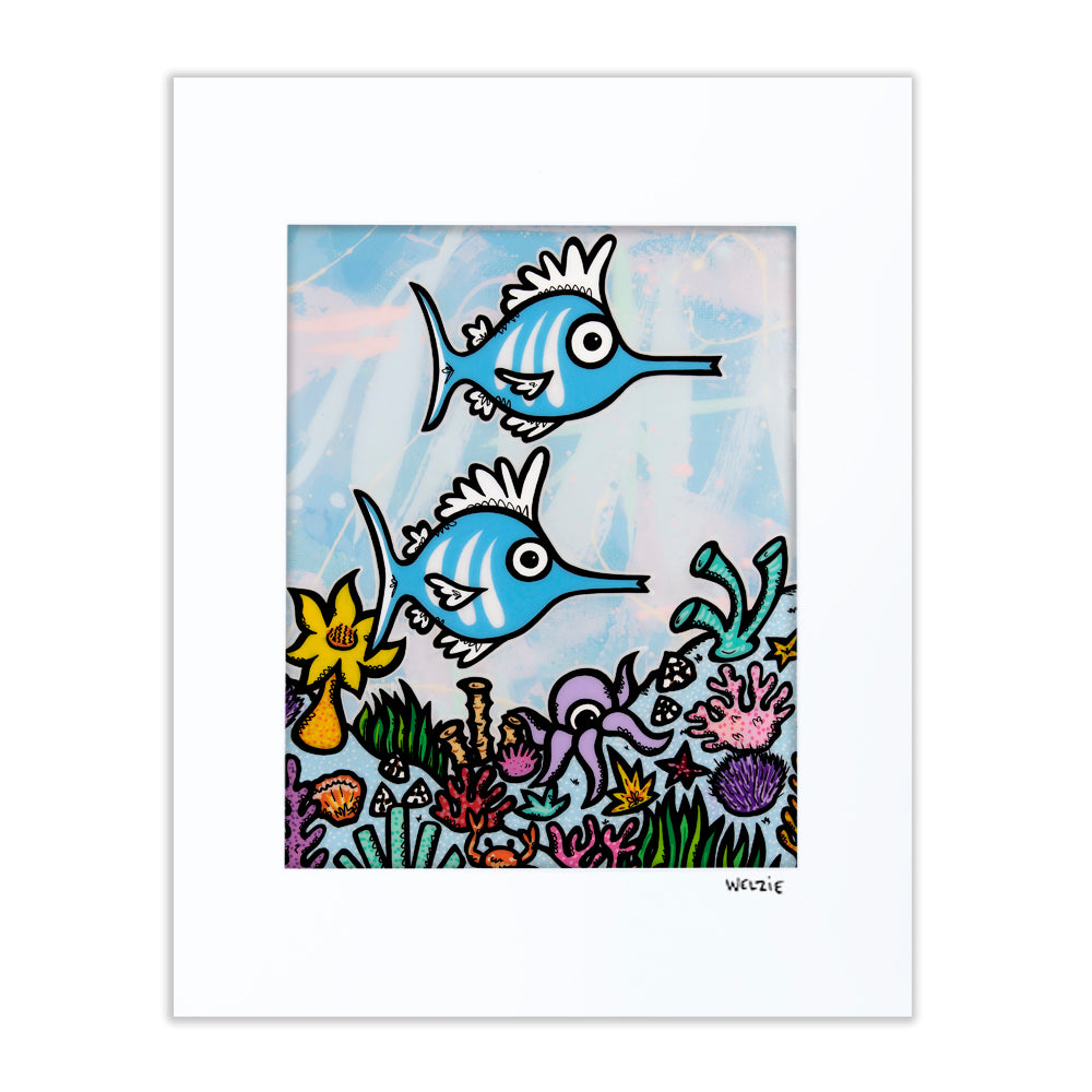 Two trumpetfish and an octopus swimming together over coral — matted fine art print by Maui artist Welzie