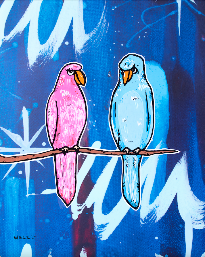 A colorful parakeet perched among tropical foliage — aluminum reproduction by Maui artist Welzie