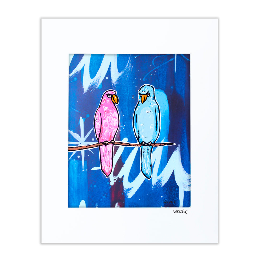 A colorful parakeet perched among tropical foliage — matted fine art print by Maui artist Welzie
