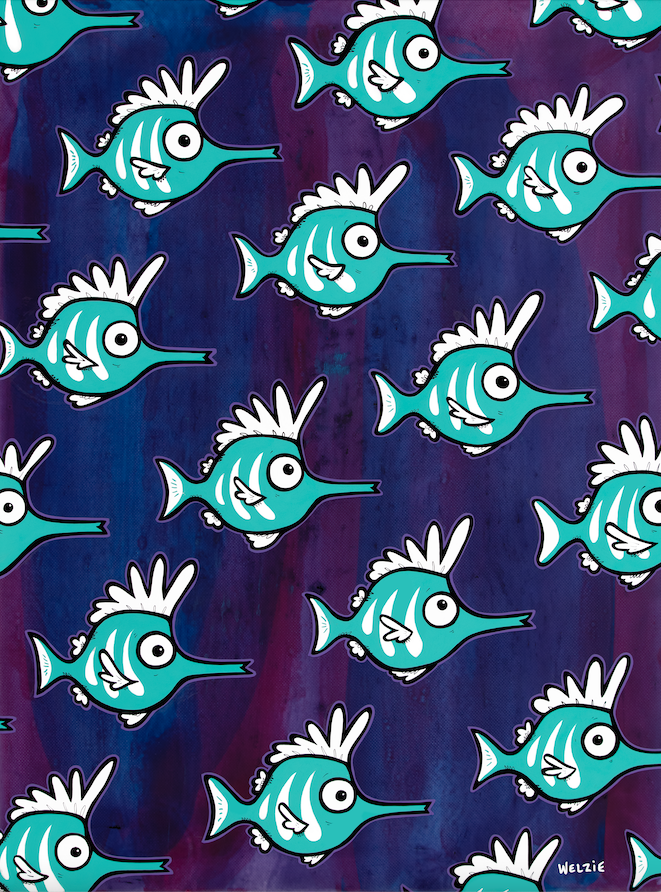 A lively underwater scene with aqua-colored tang fish among coral — aluminum reproduction by Maui artist Welzie