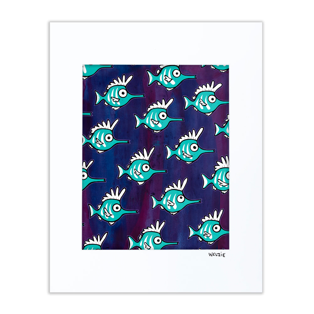A lively underwater scene with aqua-colored tang fish among coral — matted fine art print by Maui artist Welzie