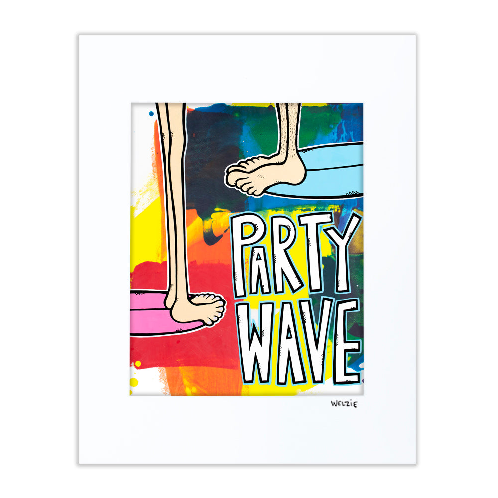 A bold graphic wave illustration in a festive color palette — matted fine art print by Maui artist Welzie