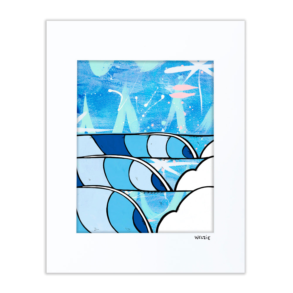 A single curling wave rendered in bold blue graphic linework — matted fine art print by Maui artist Welzie