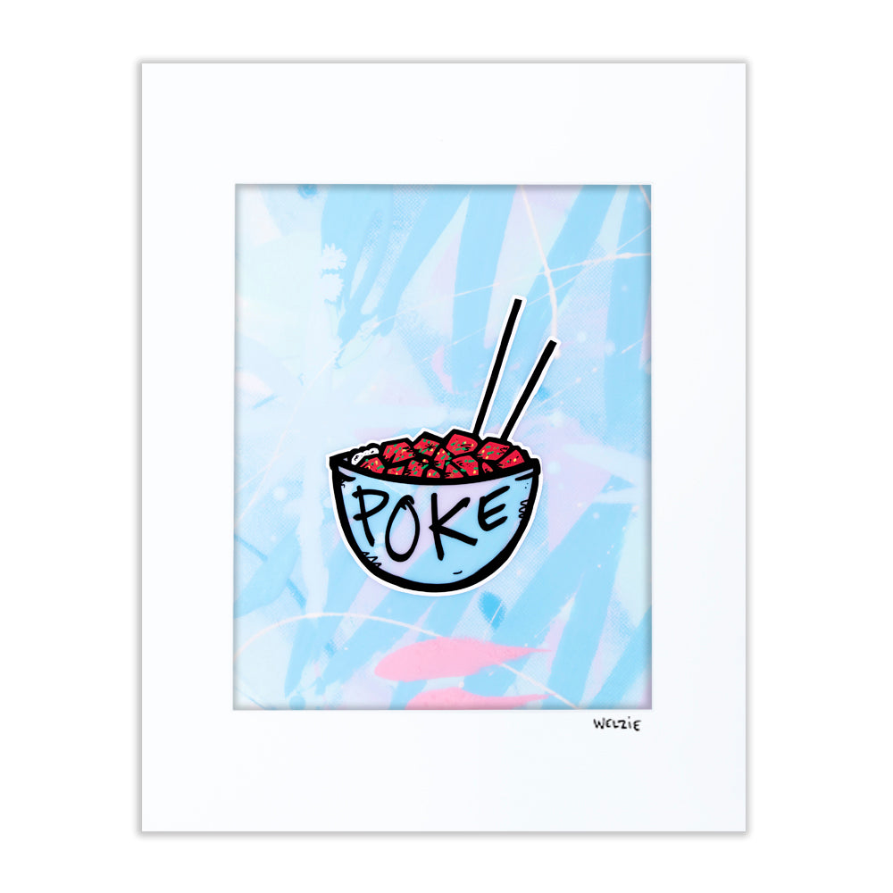 A poke bowl illustrated with colorful fish, rice, and toppings — matted fine art print by Maui artist Welzie