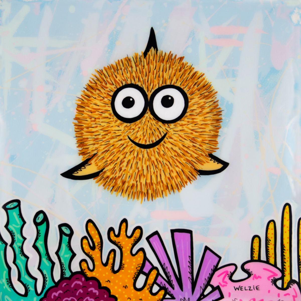 A colorful cartoon-style artwork featuring a round orange-yellow spiky sea-creature or fish with large eyes and a smiling mouth, set against a light blue abstract background with coral shapes along the bottom. The signature 'WELZIE' appears in the lower right.