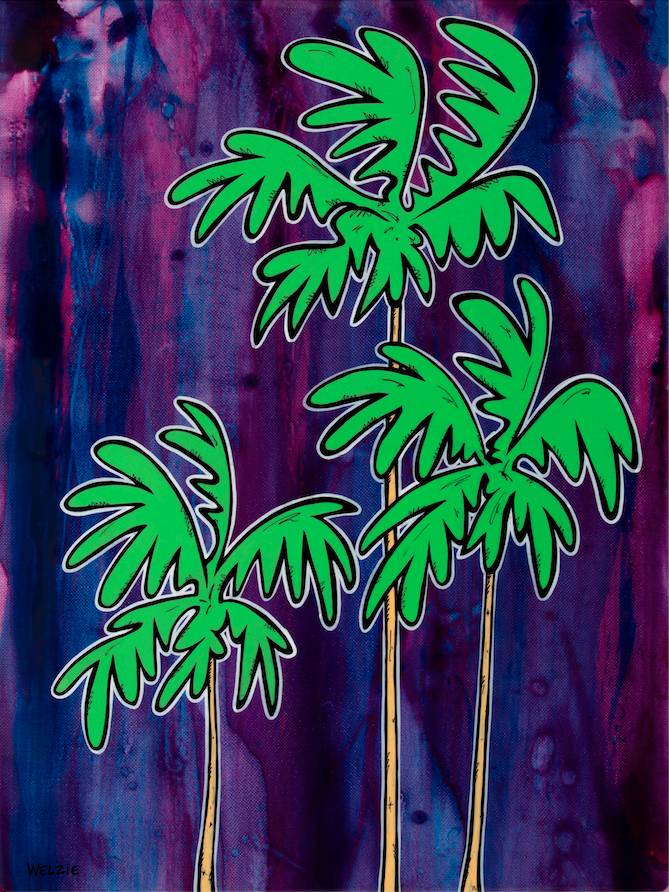 Three palm trees in purple tones against a stylized background — aluminum reproduction by Maui artist Welzie