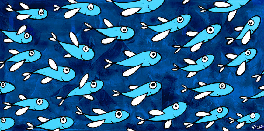 Pattern of blue cartoon fish on a blue background