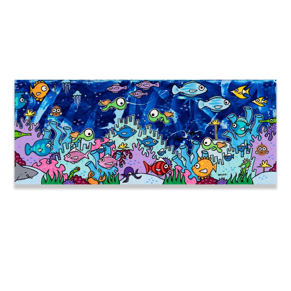 24x60 horizontal piece with a dark blue background and a coral reef skyline, featuring four turtles as the main composition alongside other sea creatures — aluminum reproduction by Maui artist Welzie