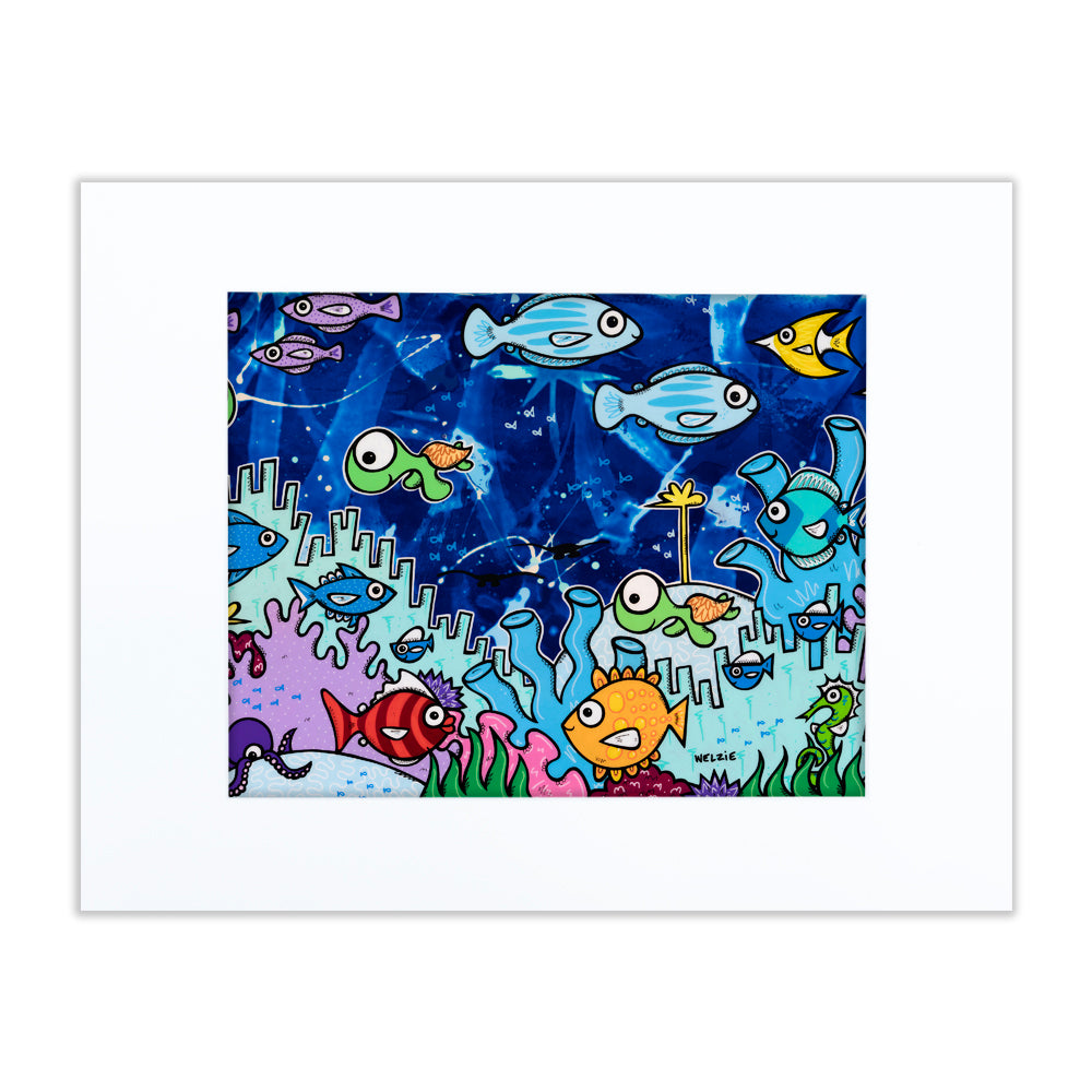 24x60 horizontal piece with a dark blue background and a coral reef skyline, featuring four turtles as the main composition alongside other sea creatures — matted fine art print by Maui artist Welzie