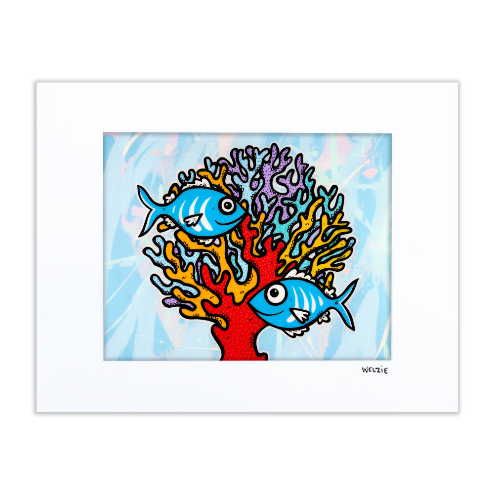 A dense, colorful coral reef scene bursting with rainbow-hued fish — matted fine art print by Maui artist Welzie