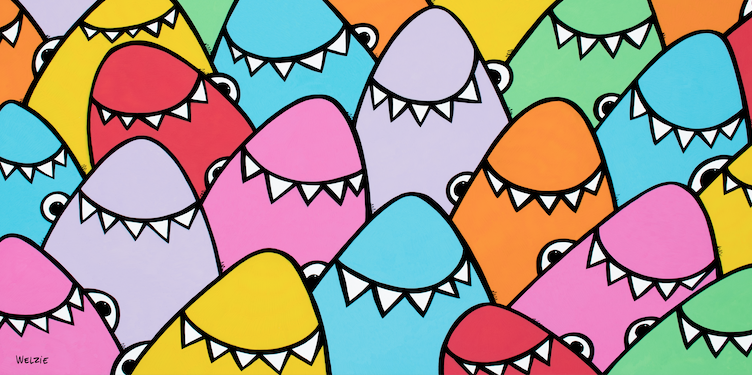 Repeating shark-tooth pattern in a full rainbow of colors — aluminum reproduction by Maui artist Welzie
