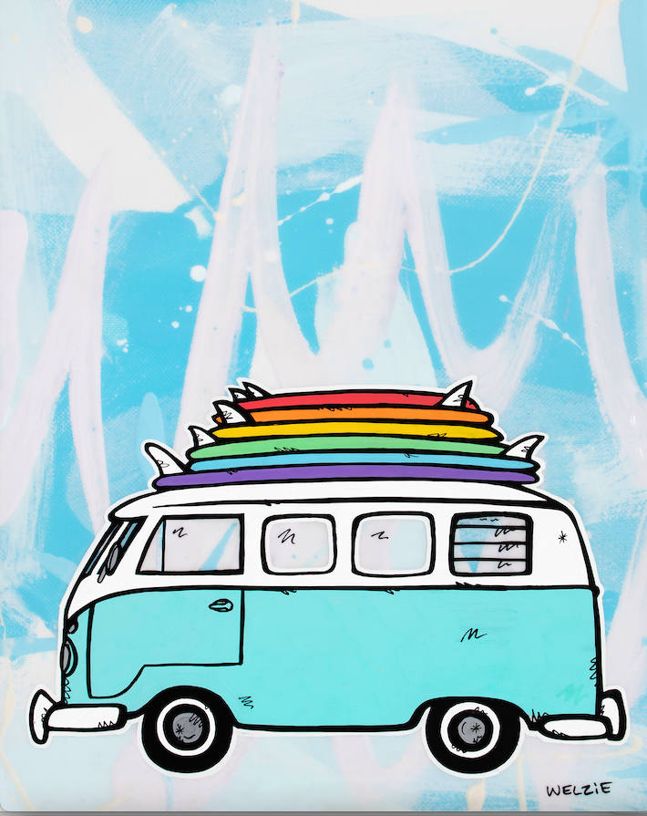 A colorful VW van illustrated in rainbow stripes — aluminum reproduction by Maui artist Welzie