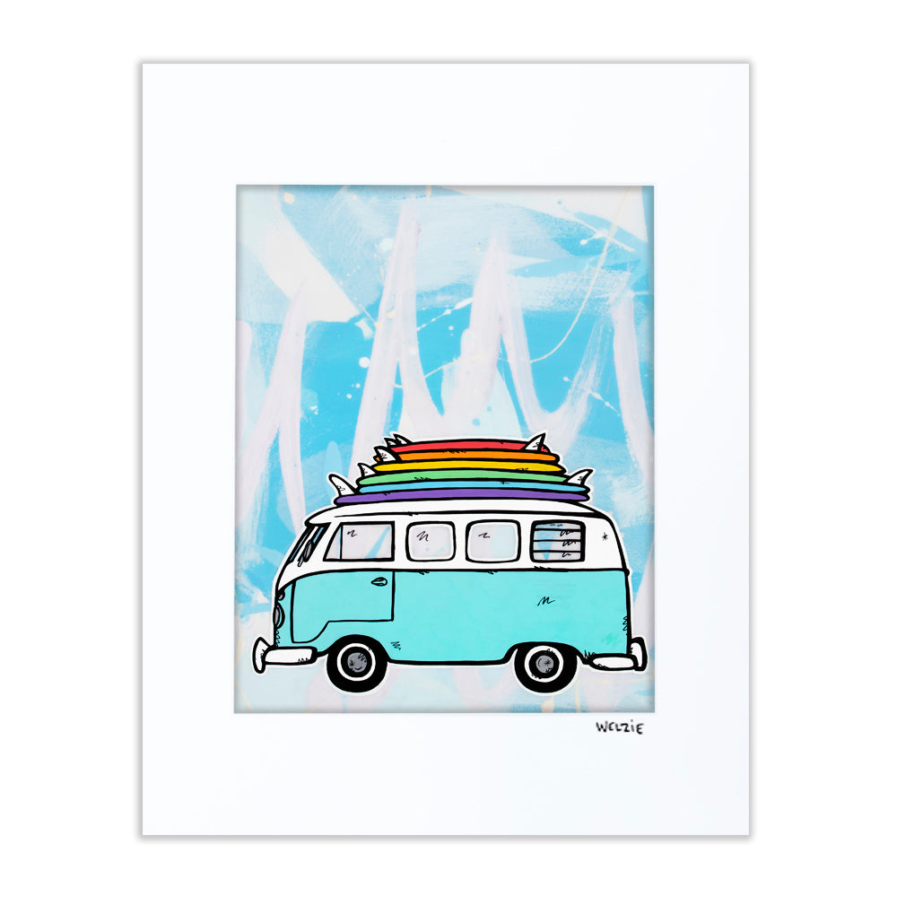 A colorful VW van illustrated in rainbow stripes — matted fine art print by Maui artist Welzie