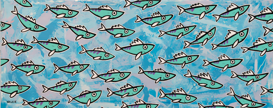 Playful characters lined up as if racing, bright and energetic — aluminum reproduction by Maui artist Welzie