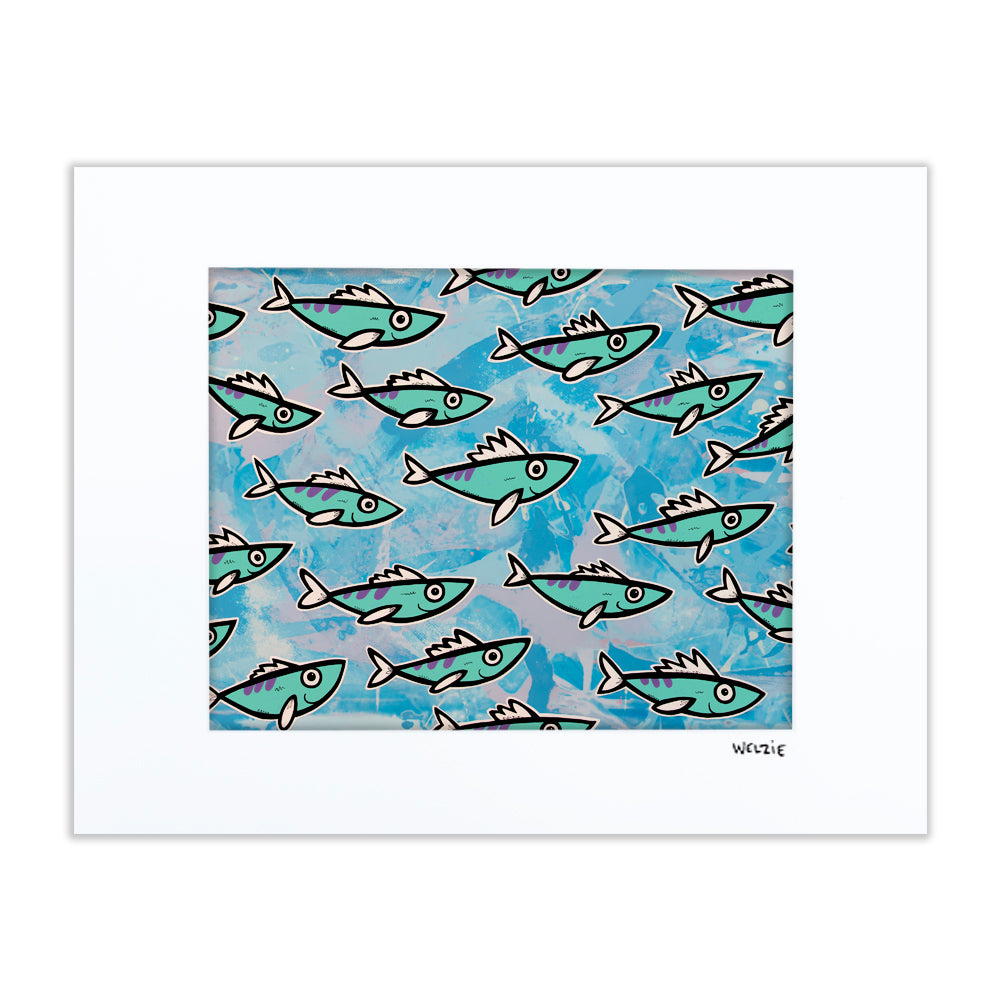 Playful characters lined up as if racing, bright and energetic — matted fine art print by Maui artist Welzie