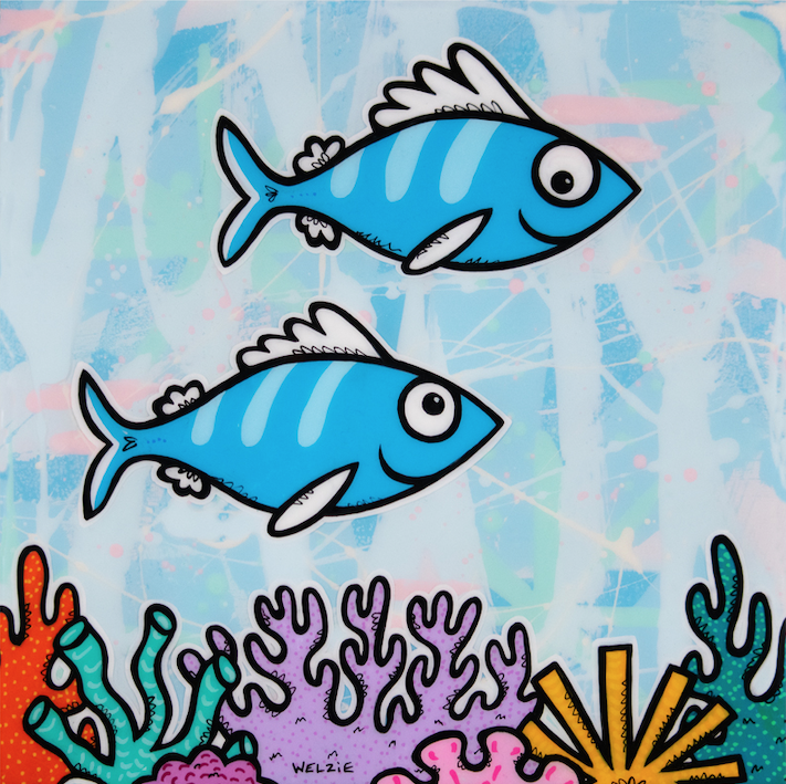 Snorkeling characters exploring a vibrant coral reef — aluminum reproduction by Maui artist Welzie