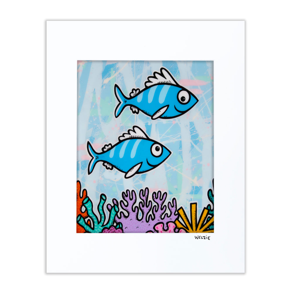 Snorkeling characters exploring a vibrant coral reef — matted fine art print by Maui artist Welzie