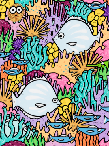 A busy school of fish swimming together in a dynamic pattern — aluminum reproduction by Maui artist Welzie