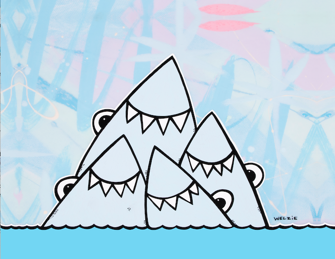 A family group of sharks posed together in portrait style — aluminum reproduction by Maui artist Welzie