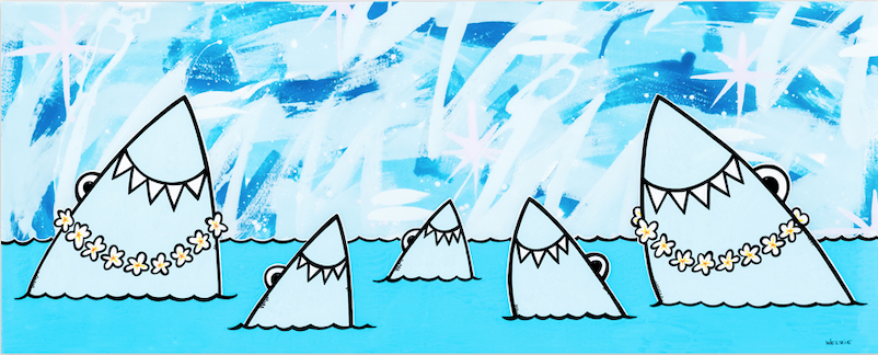 A family group of sharks posed together in portrait style — aluminum reproduction by Maui artist Welzie