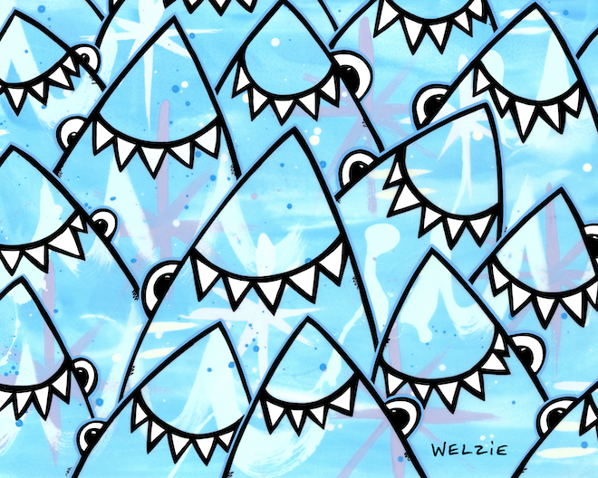A group of shark characters swimming together — aluminum reproduction by Maui artist Welzie