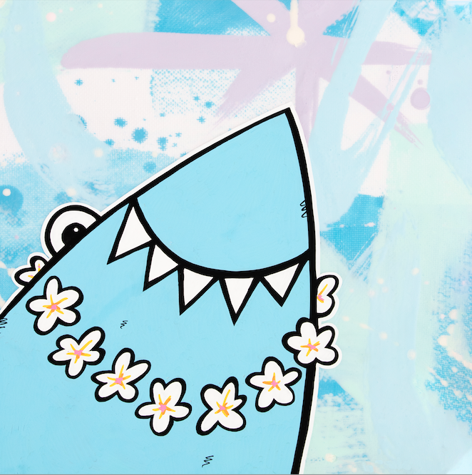 A shark character on a tropical vacation, playful and colorful — aluminum reproduction by Maui artist Welzie