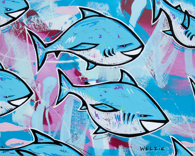 A single playful shark character with a bold outline — aluminum reproduction by Maui artist Welzie