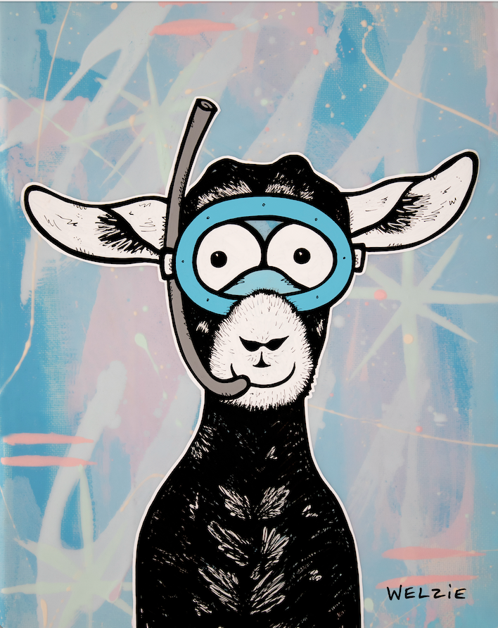 A goat character wearing a snorkel mask — aluminum reproduction by Maui artist Welzie