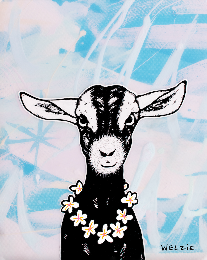 A goat character riding a surfboard — aluminum reproduction by Maui artist Welzie